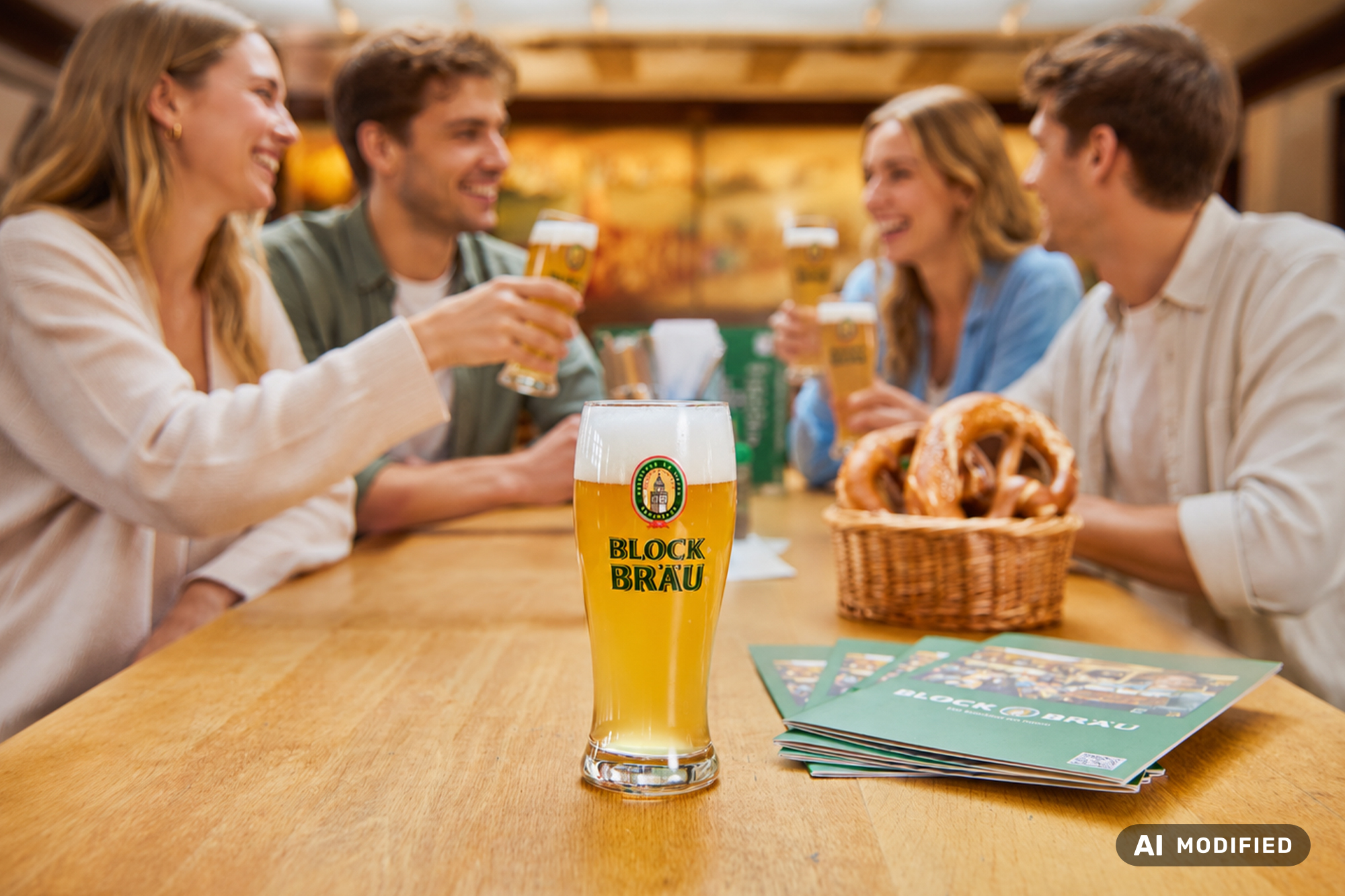 Gemeinsam genießen im Blockbräu Vier Gäste stoßen bei Brezeln und frisch gezapftem Blockbräu Bier im Gastraum an.