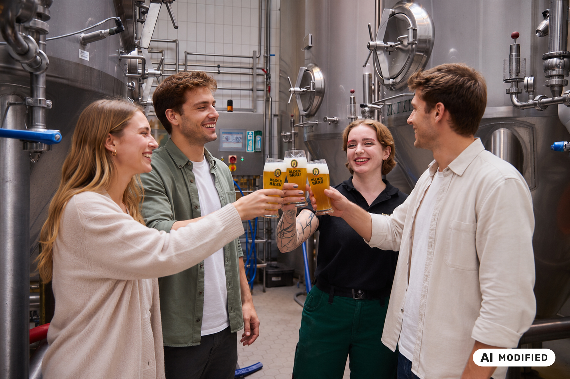 Bierverkostung in der Blockbräu Brauerei Drei Gäste und unsere Brauerin Anna stoßen mit Blockbräu Bier zwischen den Braukesseln der Brauerei an.
