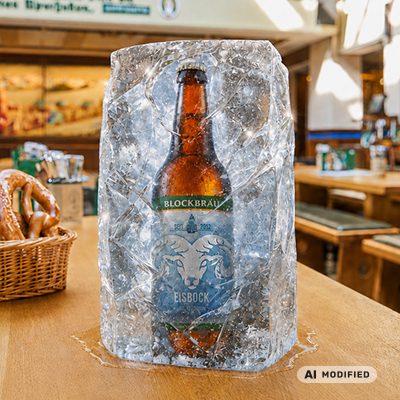 Blockbräu Eisbock-Verkostung Flasche Blockbräu Eisbock in einem Eisblock auf einem Tisch im Blockbräu